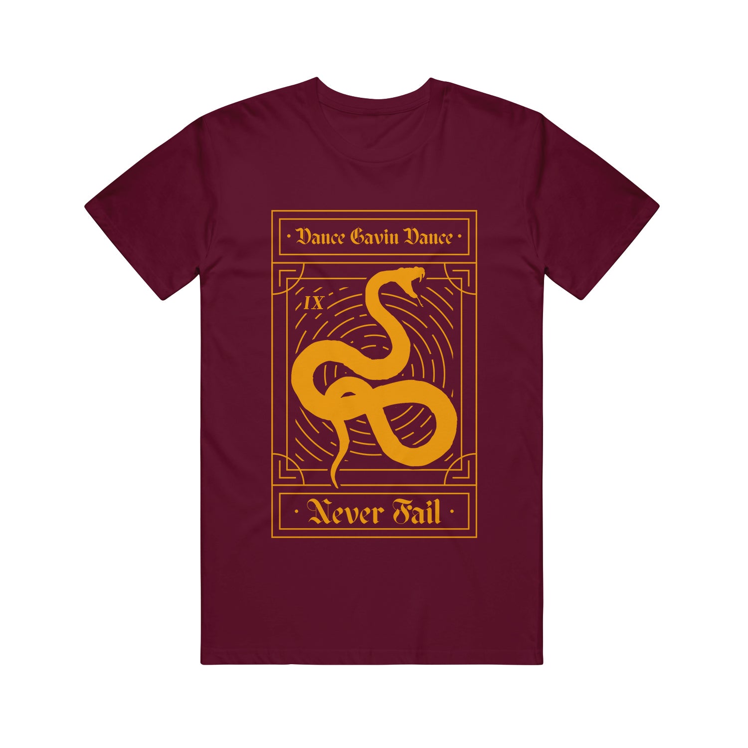 image of a maroon tee shirt on a white background. tee has full body print in gold of a snake tarot card. the top says dance gavin dance and the bottom says never fail