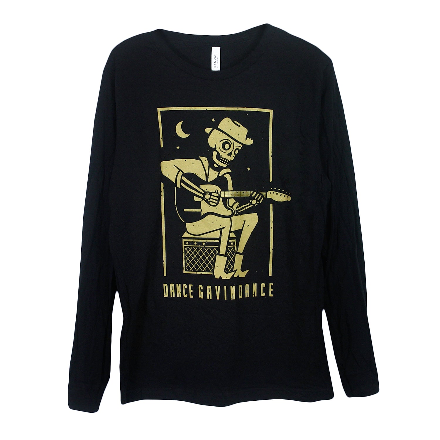 image of a black long sleeve tee shirt on a white background. tee has full body print in gold of a skeleton sitting playing a guitar. across the bottom says dance gavin dance