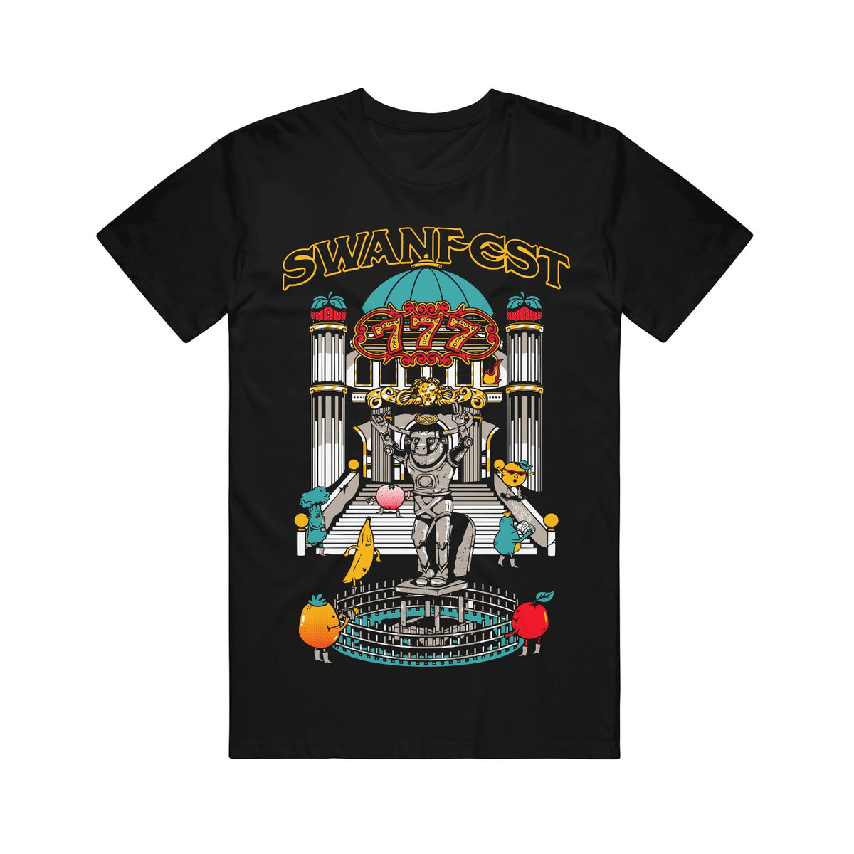 image of a black tee shirt on a white background. tee has full body print that says swanfest at the top. below is a rocky statue in front of a two columned casino. surrounded by fruits