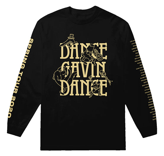 image of a black long sleeve tee shirt on a white background. front has full print, stacked in gold that says dance gavin dance. left sleeve has gold print that says spring tour 2020, and the right sleeve has tour dates and locations