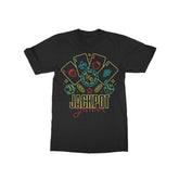 Image of Dance Gavin Dance Jackpot black tee shirt laying flat on a white background. Front of tee has images of 4 playing cards, 2 dice, and coins all in a neon light style design. Reads Jackpot Juicer under design in yellow and red text. 