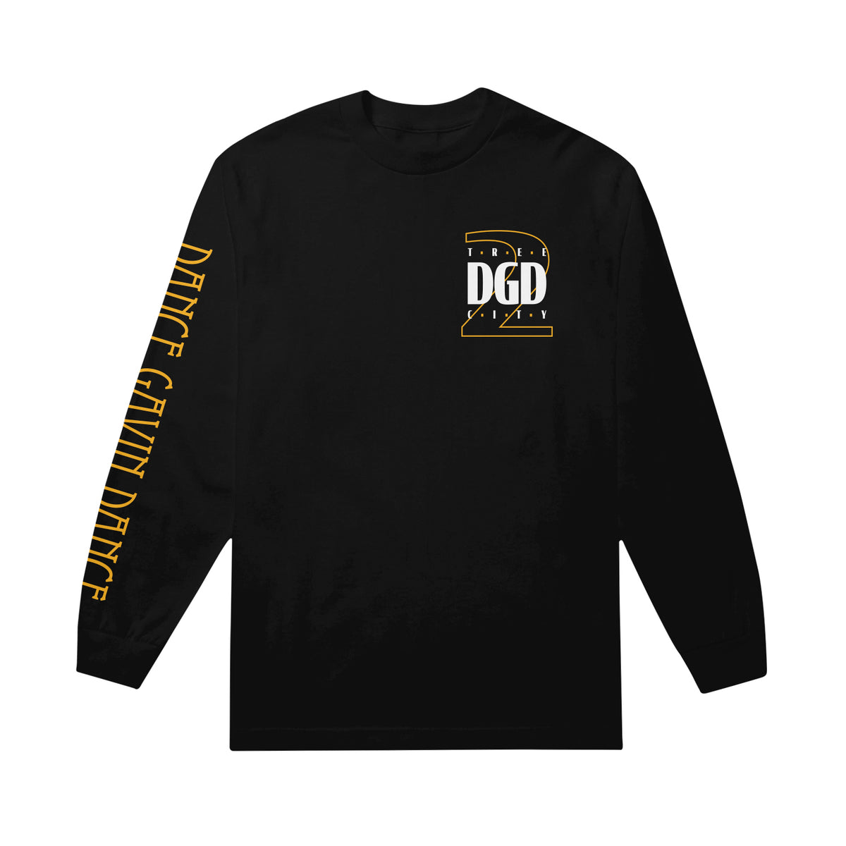 black long sleeve on white background front of shirt with yellow print down full right sleeve that says dance gavin dance and left chest print that says D G D in white with yellow 2 around it