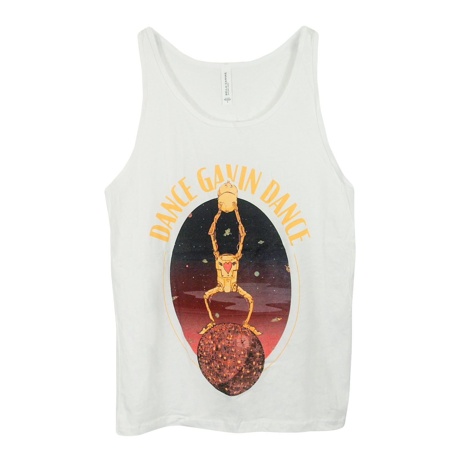 image of a white tank top on a white background. tank has full body print. arched at the top in yellow says dance gavin dance. below that is a robot standing on a sphere holding something above its head