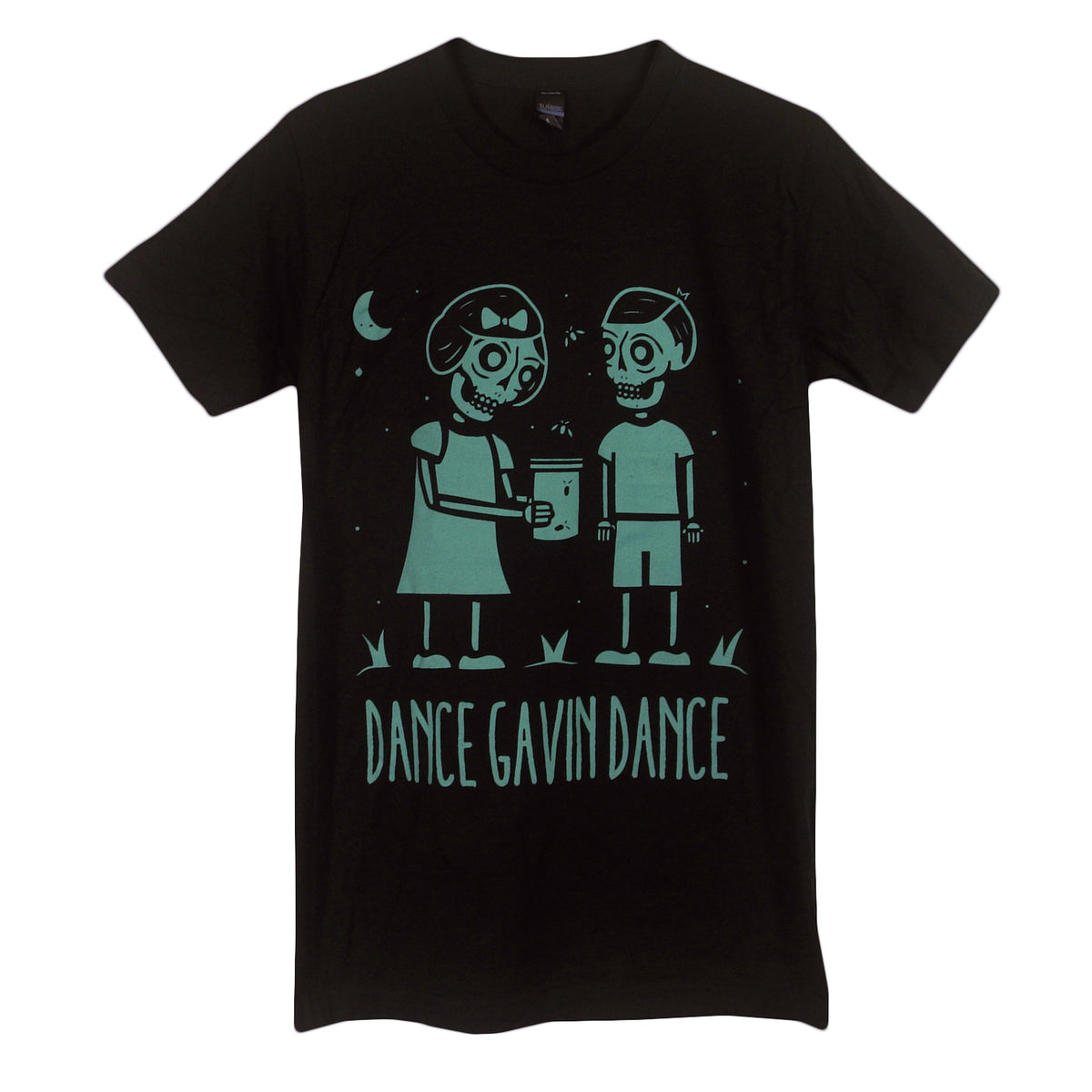 image of a black tee shirt on a white background. tee has full body print in teal of a boy and girl skeleton standing outside at night. across the bottom says dance gavin dance