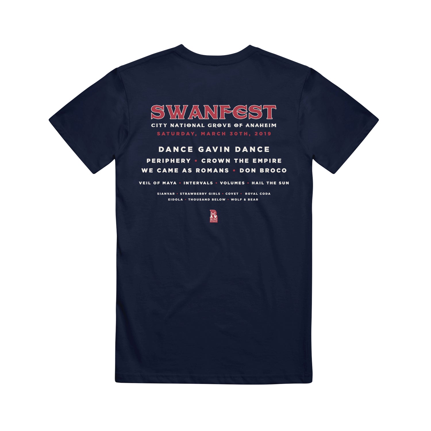 image of the back of a navy tee shirt on a white background. the back of the tee has a full back print. in red at the top says swanfest and below lists the bands that played at the 2019 swantfest in white,