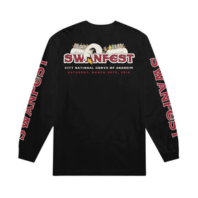 image of the back of a black long sleeve tee shirt on a white background. the tee has a print along the back shoulders of a white swan with characters on the wings and in red below says swan fest and the dates of the 2019 swanfest with swanfest on both sleeves in red.