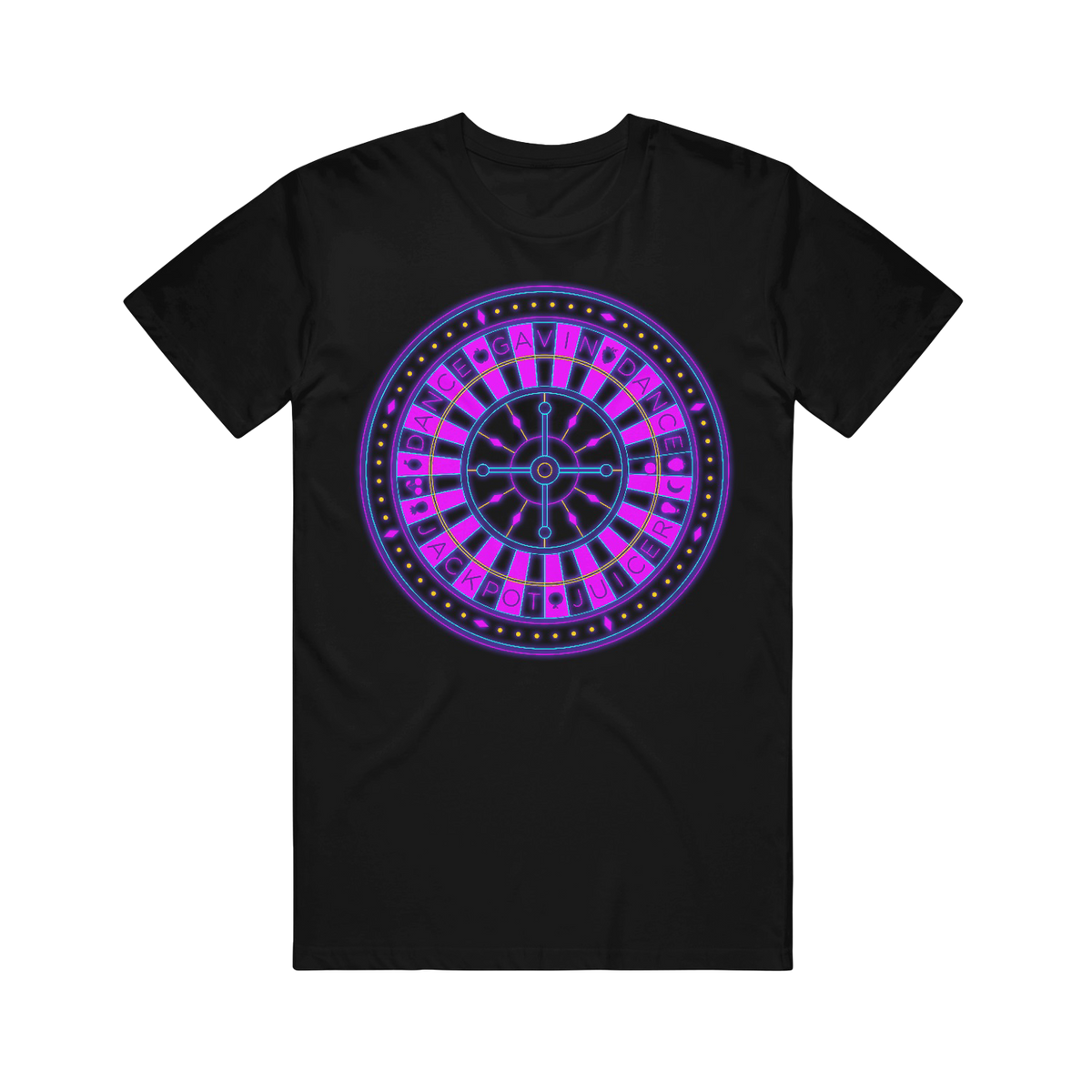Black crew neck t-shirt with a printed roulette wheel design in purple.