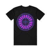 Black crew neck t-shirt with a printed roulette wheel design in purple.