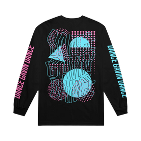 Black long-sleeve shirt with colorful graphic design and 'Dance Gavin Dance' text on sleeves