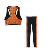 A set of workout clothing consisting of a sports bra and leggings. The sports bra is multicolored with a character pattern, and the leggings are primarily black with a red and orange pattern along the side seams.