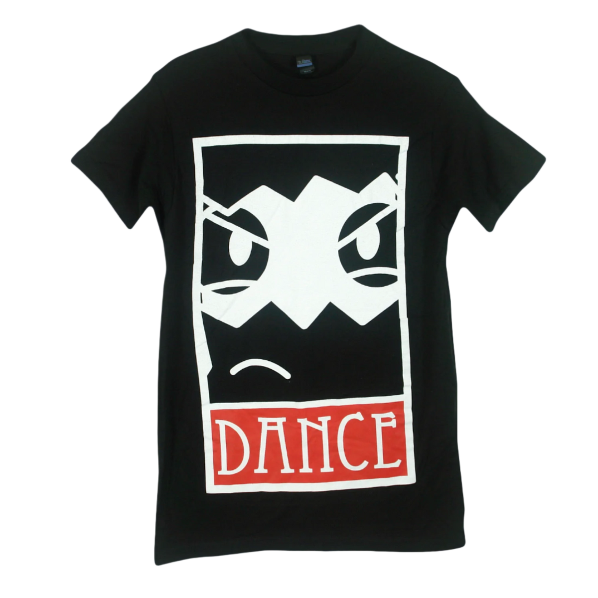 Black t-shirt with a white graphic of a face and 'DANCE' text 