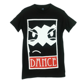 Black t-shirt with a white graphic of a face and 'DANCE' text 