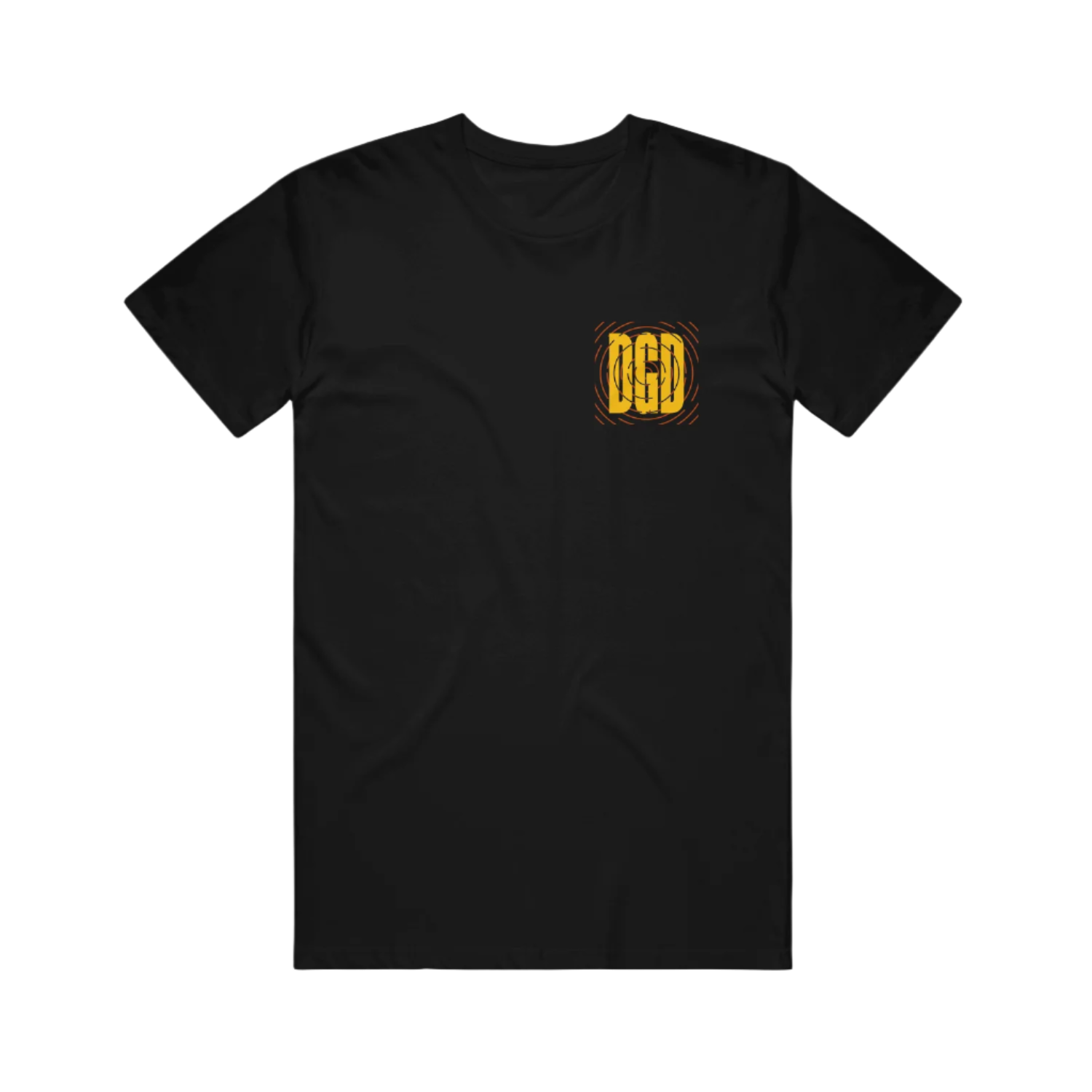 Black t-shirt with a yellow DGD logo on a white background