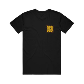 Black t-shirt with a yellow DGD logo on a white background