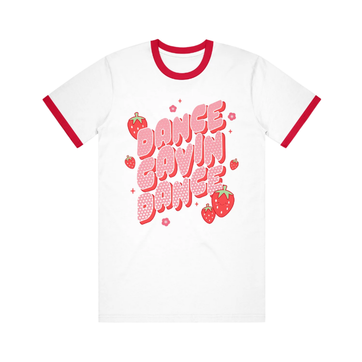White ringer t-shirt with red trim around the neck and sleeves, featuring a graphic print of strawberries and the text 'DANCE GAVIN DANCE'.