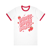 White ringer t-shirt with red trim around the neck and sleeves, featuring a graphic print of strawberries and the text 'DANCE GAVIN DANCE'.