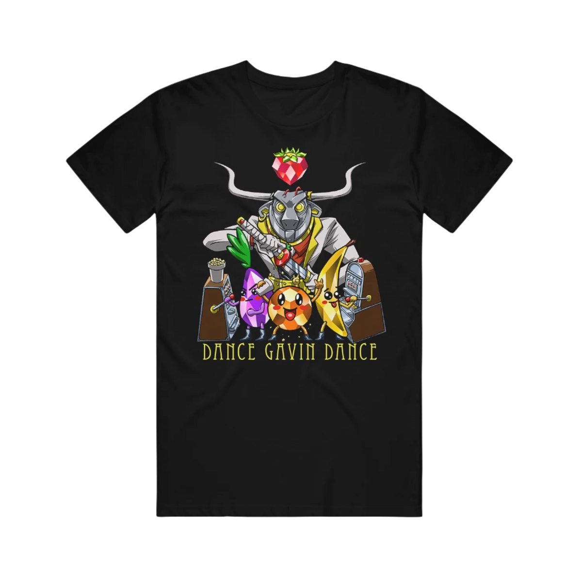 Black t-shirt with a colorful Dance Gavin Dance graphic design
