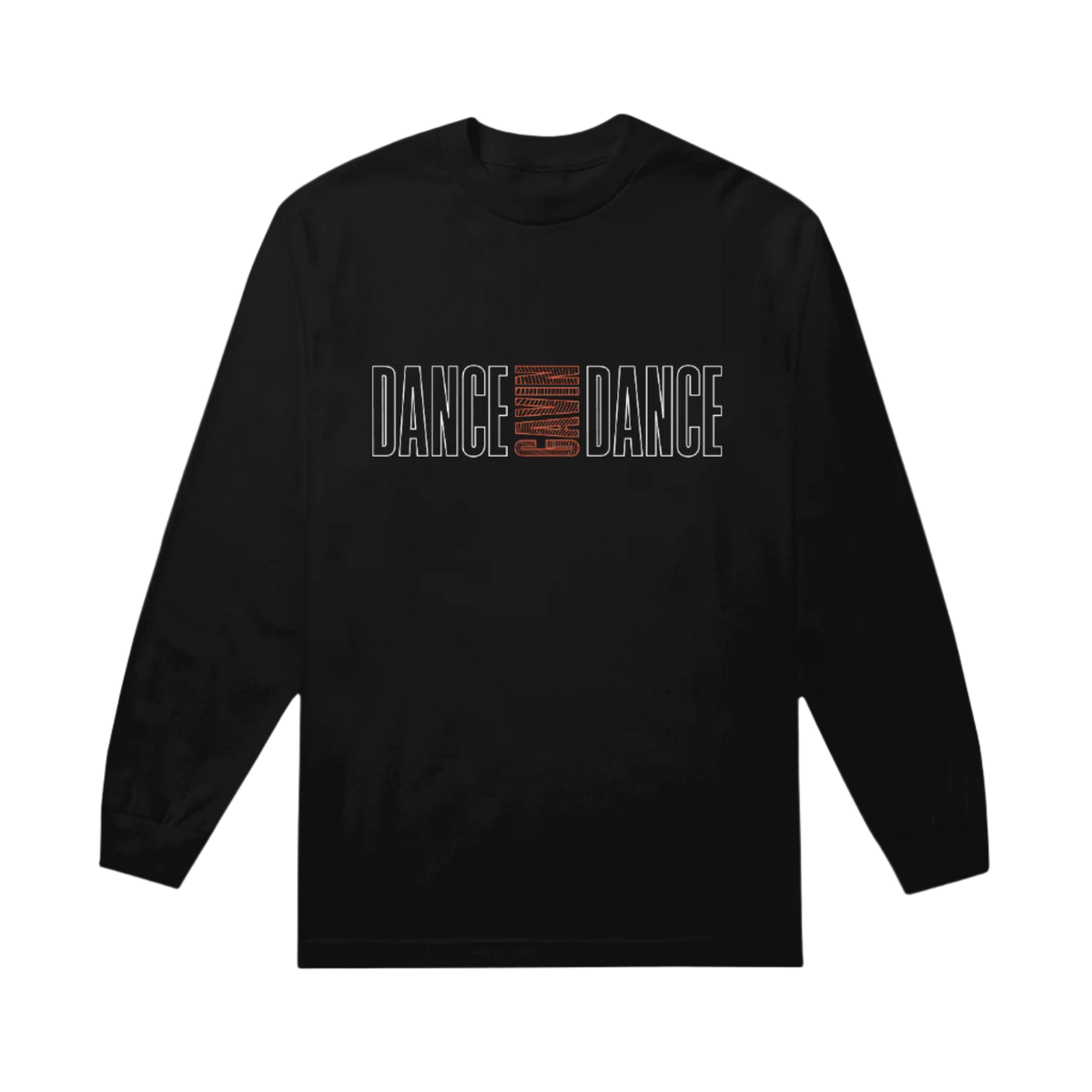 Black long-sleeve shirt with 'DANCE DANCE' text on a white background