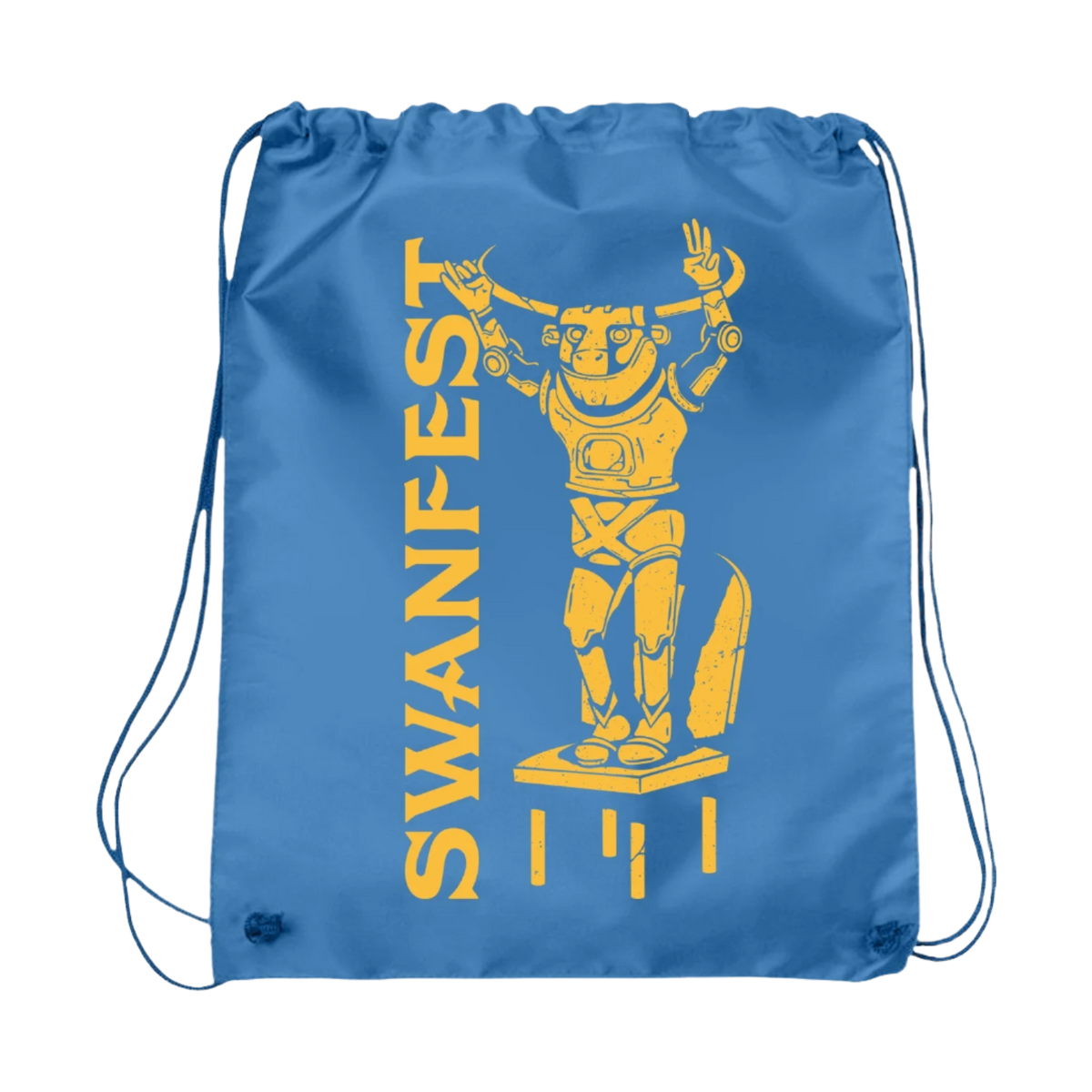 Blue drawstring bag with yellow robot graphic and 'SWANFEST' text on a white background
