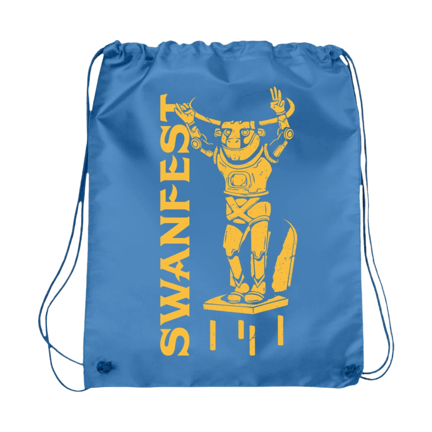 Blue drawstring bag with yellow robot graphic and 'SWANFEST' text on a white background