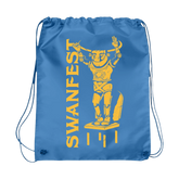 Blue drawstring bag with yellow robot graphic and 'SWANFEST' text on a white background
