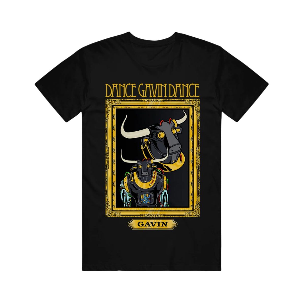 Black t-shirt with a graphic print of a bull and the text 'DANCE GAVIN DANCE' on the front.