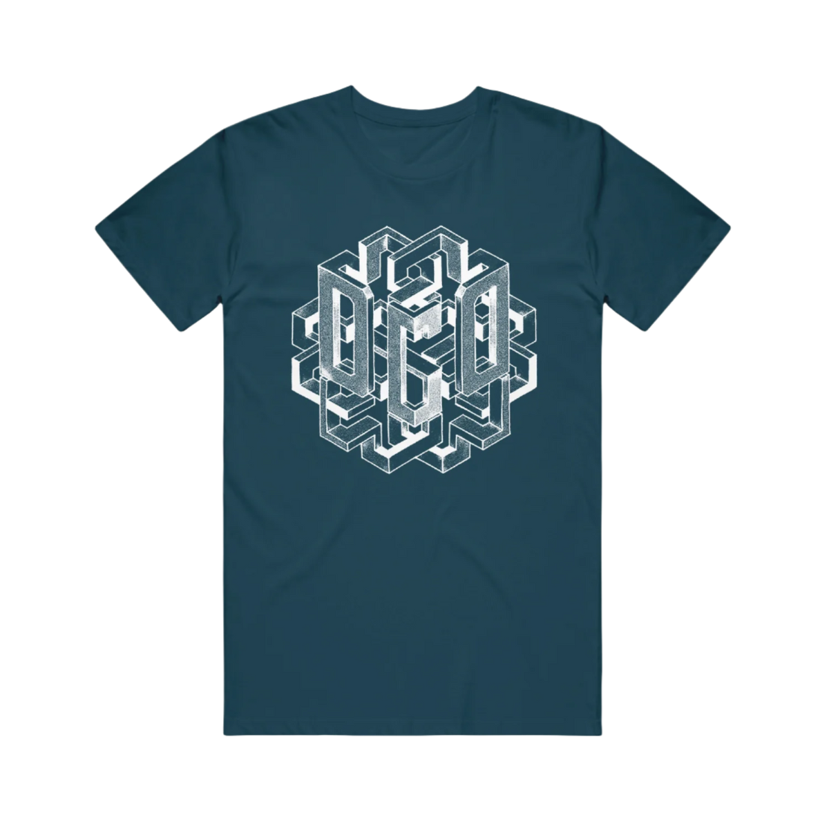 A deep teal T-shirt with a geometric pattern design in the center.