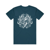 A deep teal T-shirt with a geometric pattern design in the center.