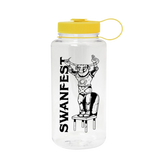 A clear Nalgene water bottle with a yellow cap, featuring a black printed illustration of a character on the front and the text 'SWANFEST'.