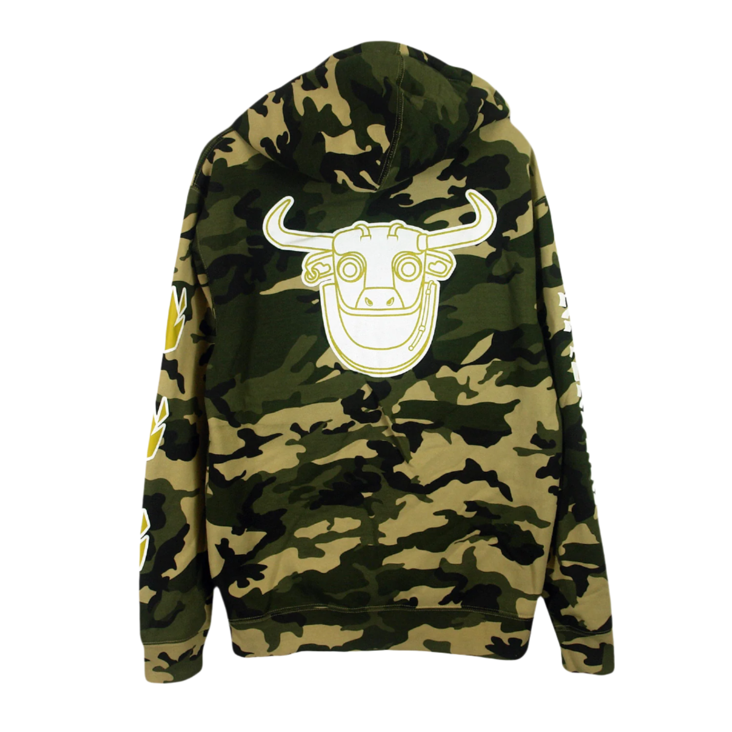 Camouflage hoodie with a bull logo on a white background