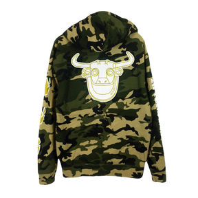 Camouflage hoodie with a bull logo on a white background
