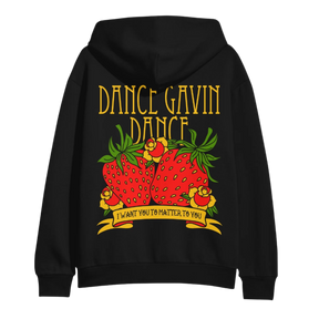 Black hoodie with 'Dance Gavin Dance' strawberry graphic and text 