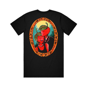 Black t-shirt with a colorful graphic design
