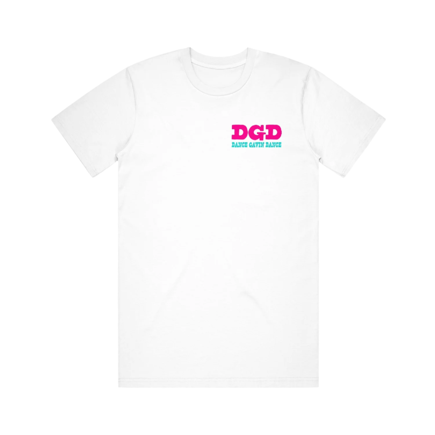 White t-shirt with DGD Dance Gavin Dance pink and blue text 