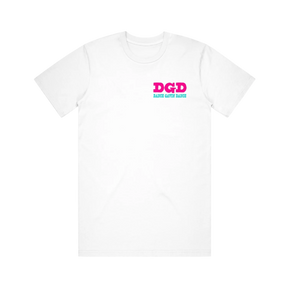 White t-shirt with DGD Dance Gavin Dance pink and blue text 