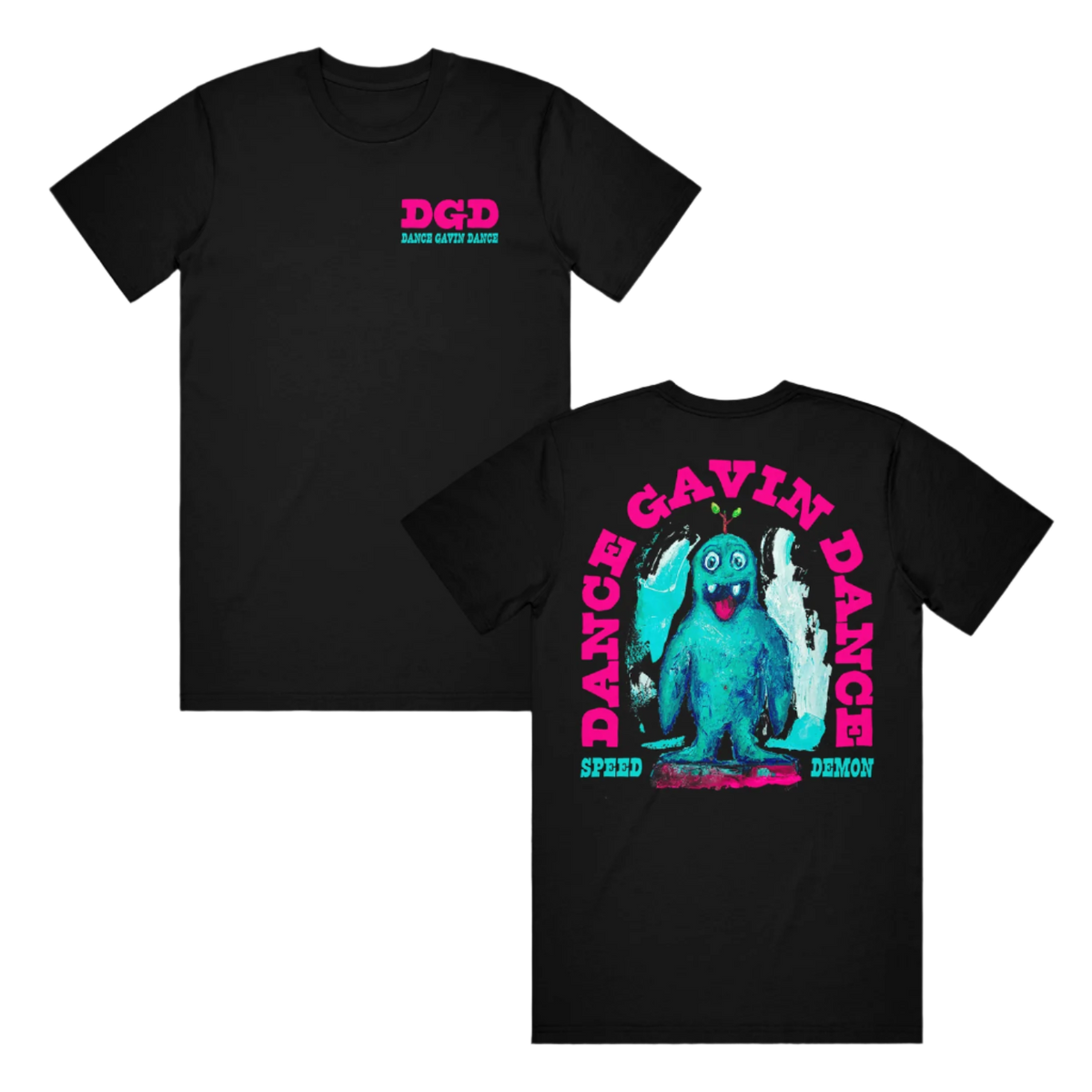 Two black t-shirts, one with the Dance Gavin Dance logo and a graphic print of a character on the front, and another with the text 'DANCE GAVIN DANCE'