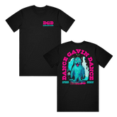 Two black t-shirts, one with the Dance Gavin Dance logo and a graphic print of a character on the front, and another with the text 'DANCE GAVIN DANCE'