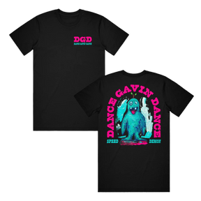 Two black t-shirts, one with the Dance Gavin Dance logo and a graphic print of a character on the front, and another with the text 'DANCE GAVIN DANCE'