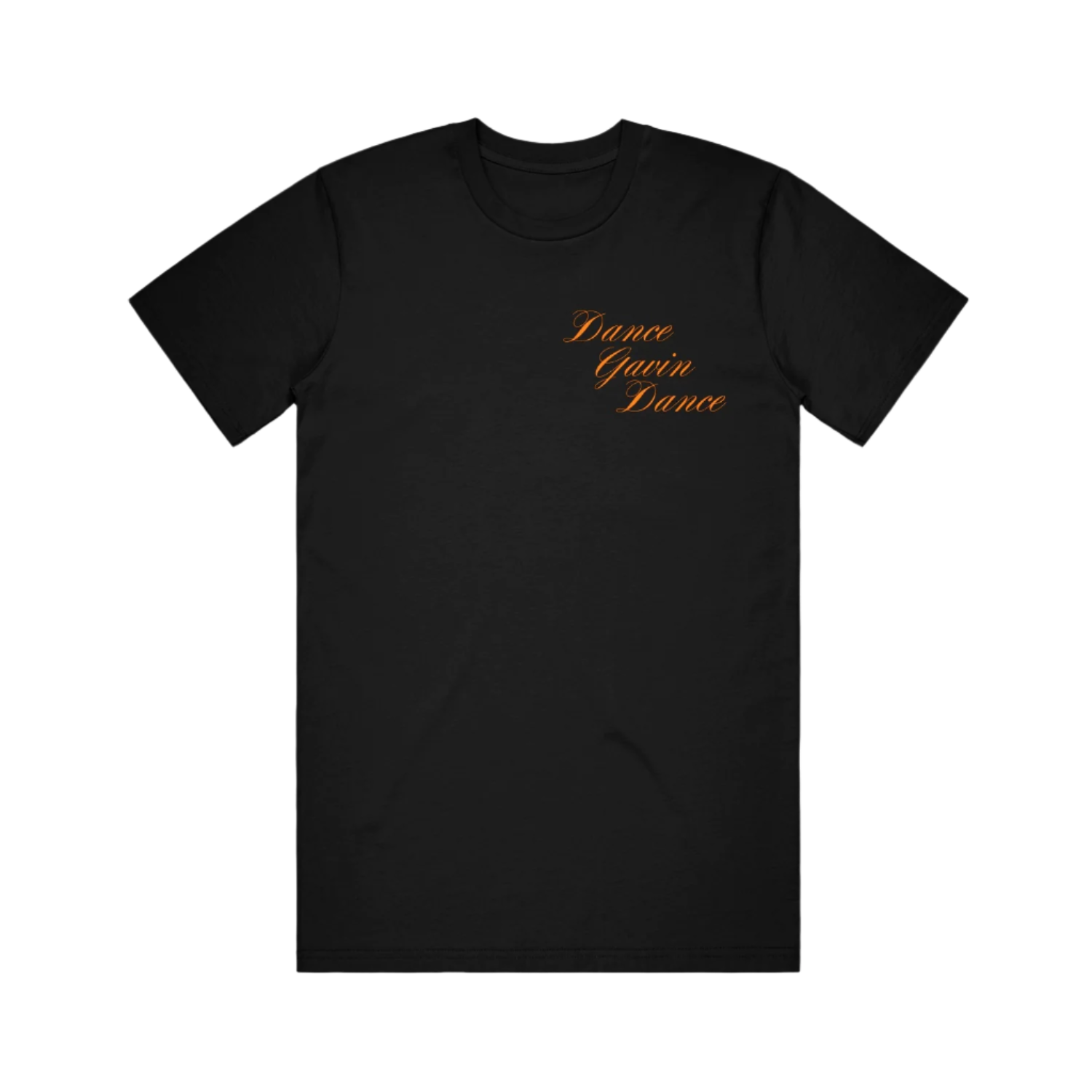 Black t-shirt with 'Dance Gavin Dance' text in gold