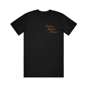 Black t-shirt with 'Dance Gavin Dance' text in gold
