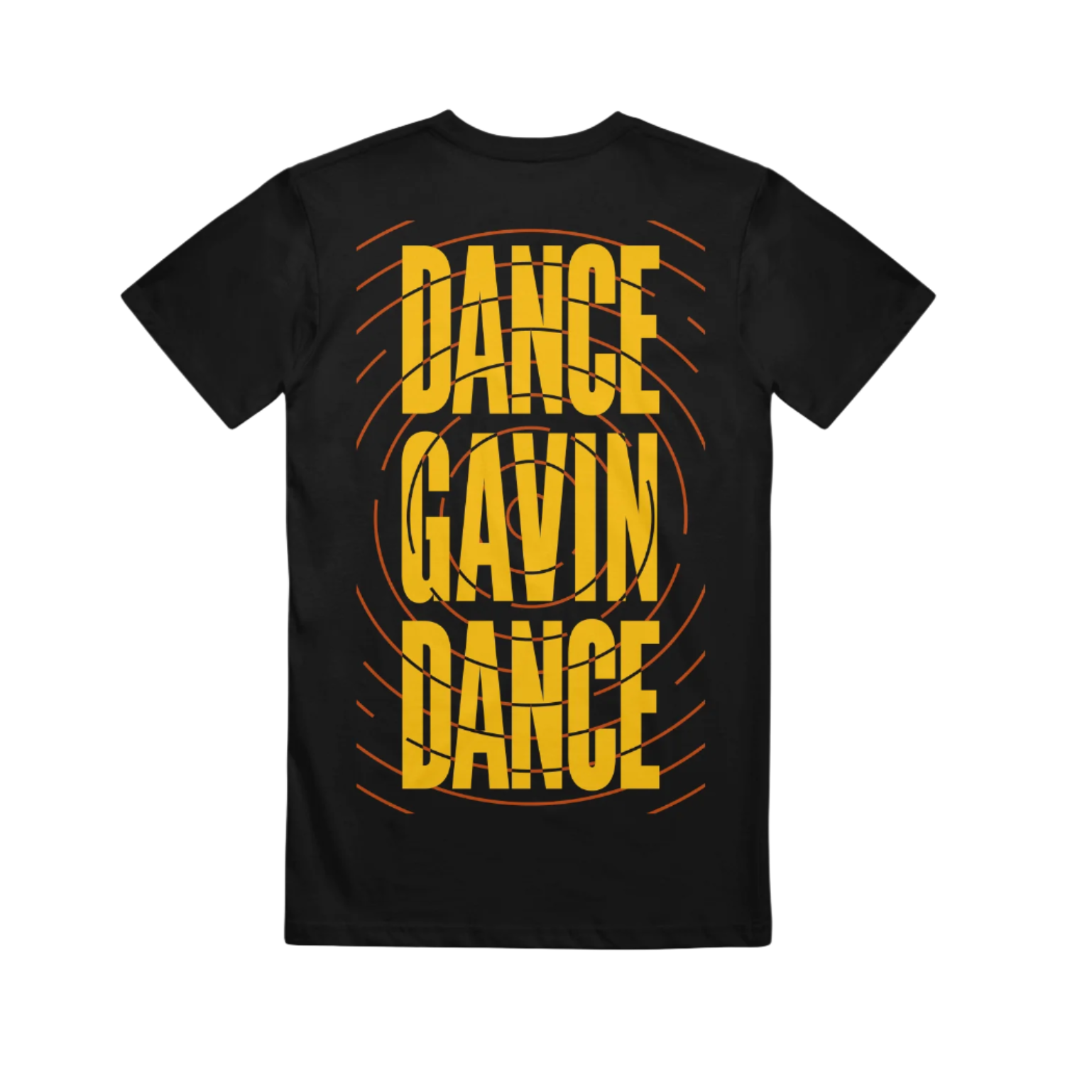 Black t-shirt with 'DANCE GAVIN DANCE' text in yellow 