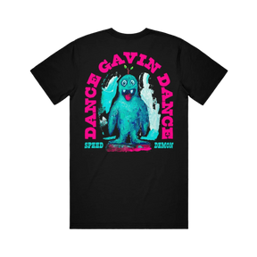 Black t-shirt with a colorful graphic and Dance Gavin Dance Speed Demon text 