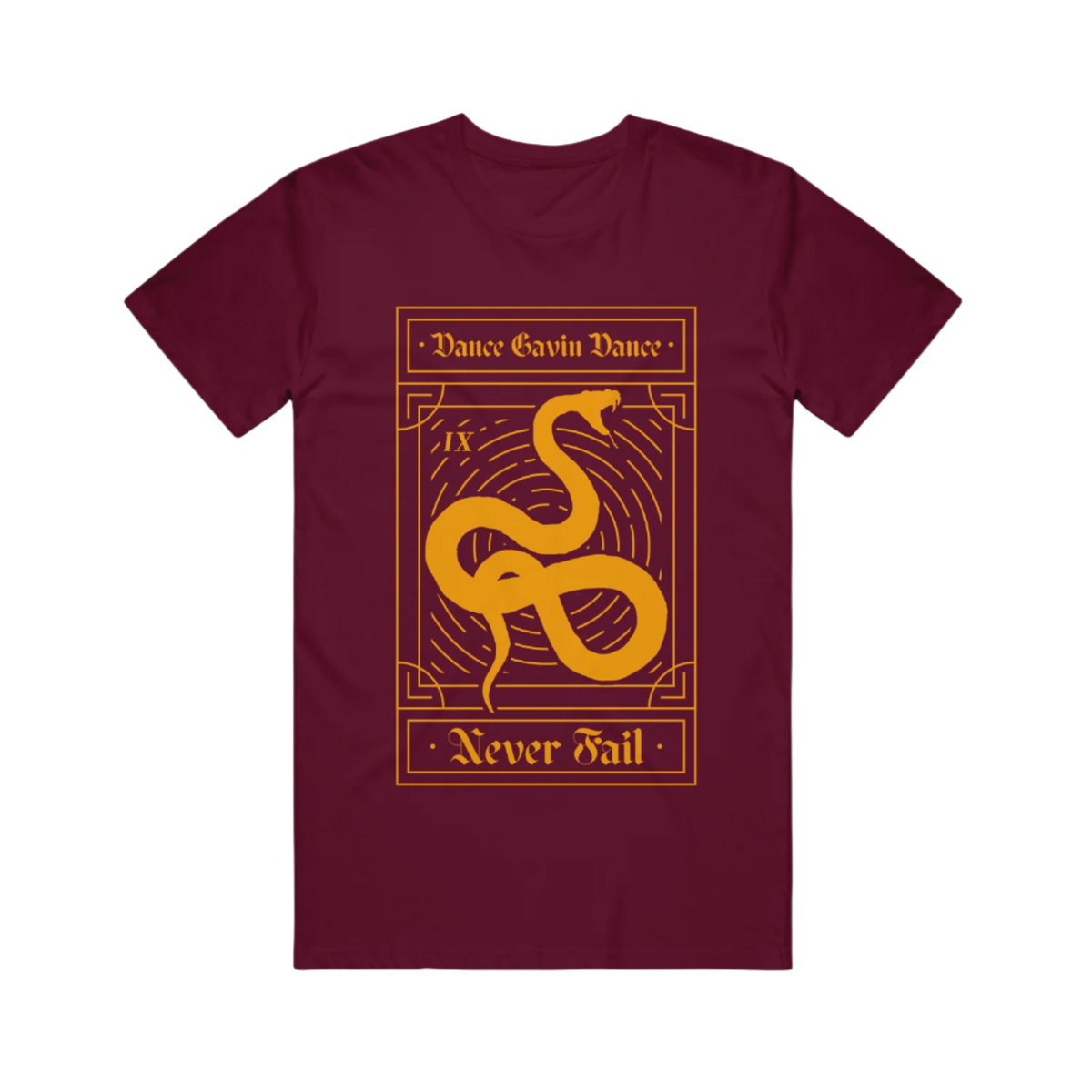 Maroon T-shirt with a graphic print of a snake and the text 'Dance Gavin Dance - Never Fall'.