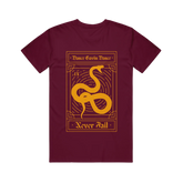 Maroon T-shirt with a graphic print of a snake and the text 'Dance Gavin Dance - Never Fall'.