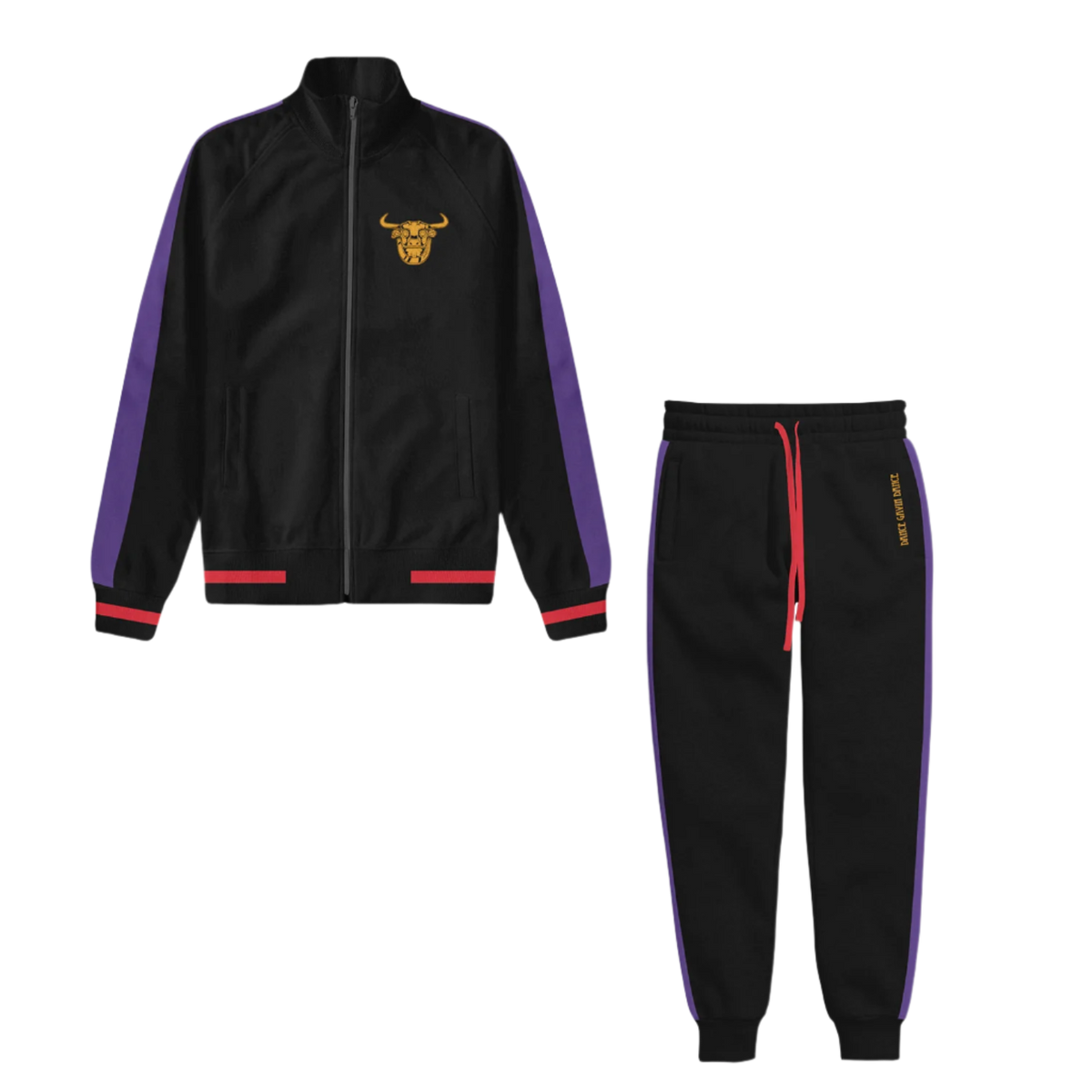 Black tracksuit with purple and red accents and gold bull design on front chest area 