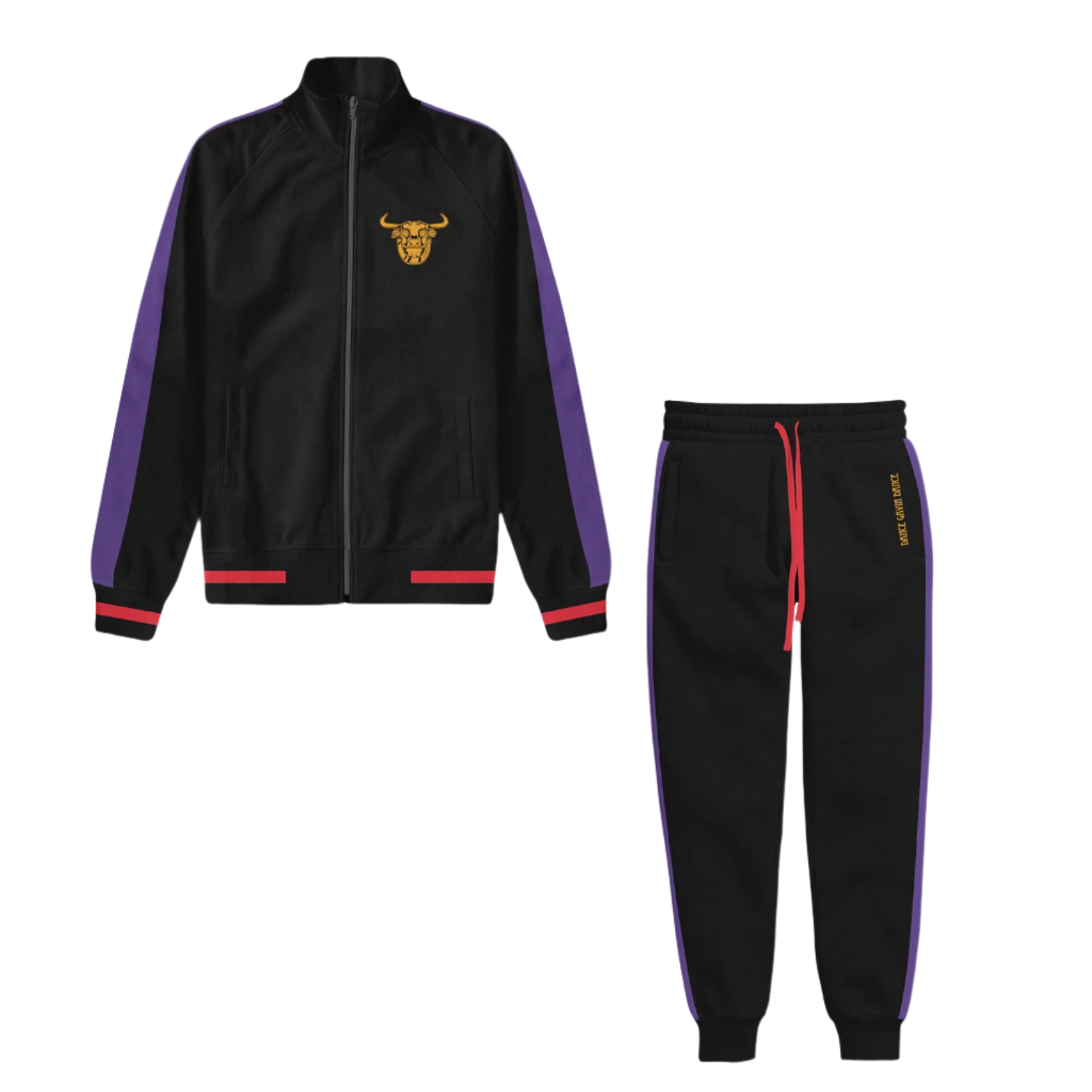 Black tracksuit with purple and red accents and gold bull design on front chest area 