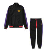 Black tracksuit with purple and red accents and gold bull design on front chest area 