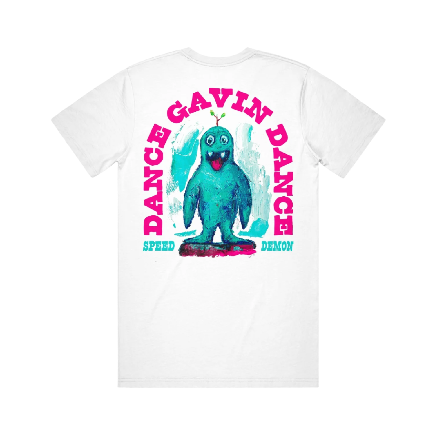 White t-shirt with a colorful graphic of a blue creature and text saying Dance Gavin Dance Speed Demon 