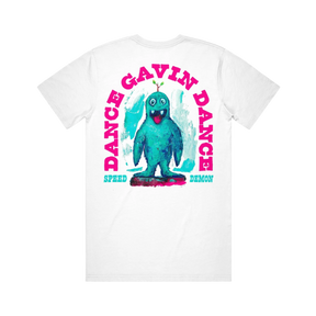 White t-shirt with a colorful graphic of a blue creature and text saying Dance Gavin Dance Speed Demon 