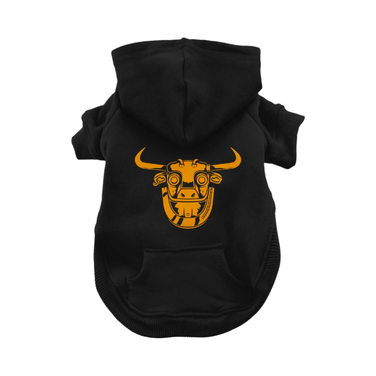 Black pet hoodie with yellow bull graphic. 